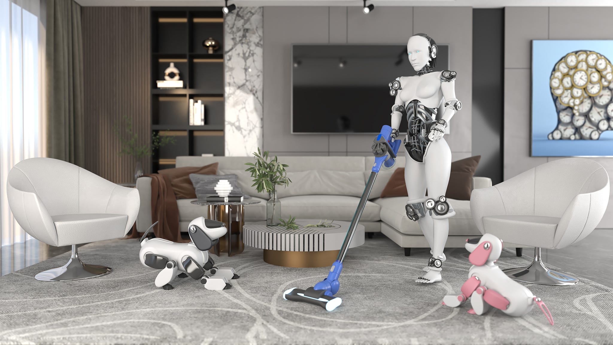 リビングルームで掃除機を使い家事をする女性型人型ロボット。家事を行うコンセプチュアルな3DCGIハイテクロボット
