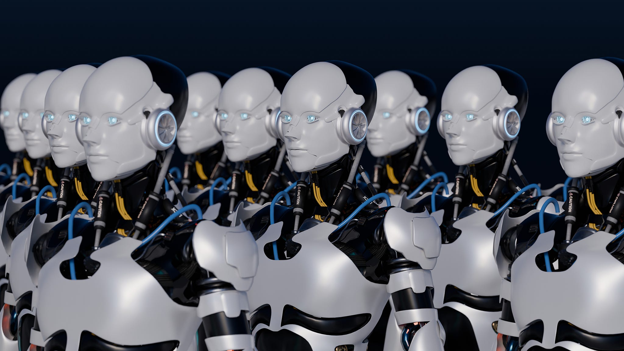 人間型AIロボットが列をなして並んだレンダリング画像