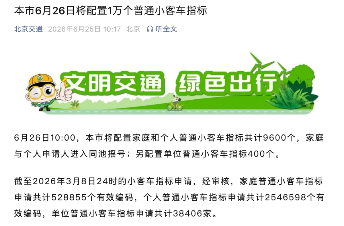 北京市6月26日将配置1万个普通小客车指标-图1
